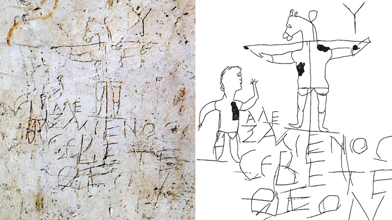 Grafito de Alexámenos y calco lineal Composición con el grafito de Alexámenos y un calco lineal de la escena del crucificado con cabeza de asno.