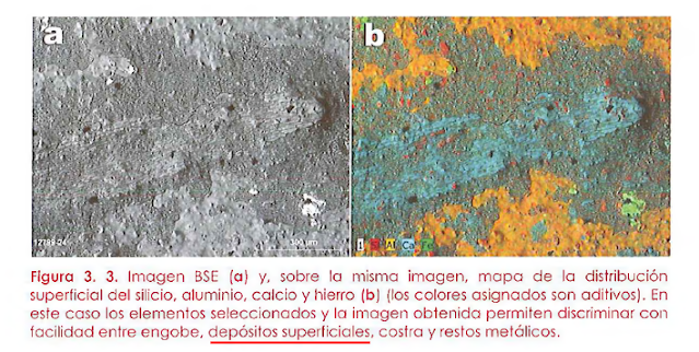Foto con mapa de silicio, aluminio, calcio en superficie de grafito de Iruña Veleia