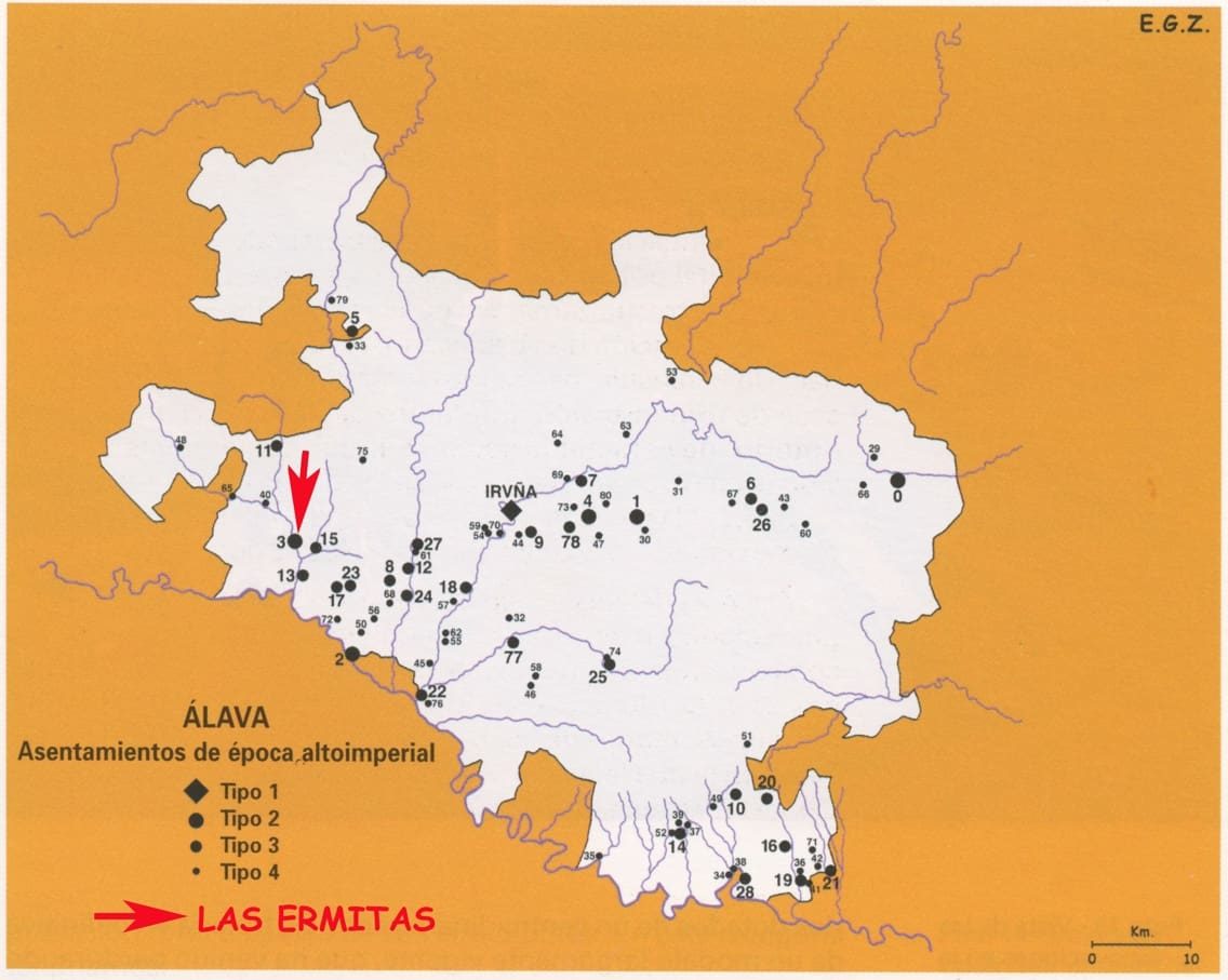 Mapa de Álava con la ubicación de Las Ermitas y distribución de los yacimientos romanos altoimperiales.