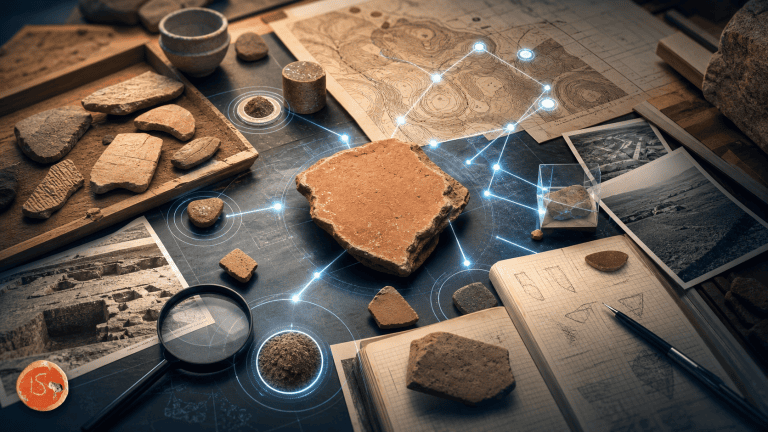 Ilustración conceptual de Ama Ata IA, asistente documental especializado en Iruña-Veleia, arqueología, epigrafía, lingüística y arqueometría.